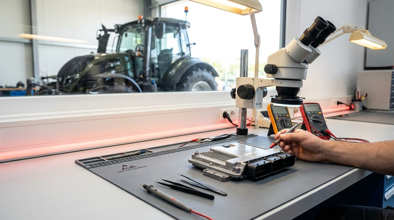 Naprawa sterownika Fendt - moduł ECU Vario na stanowisku serwisowym