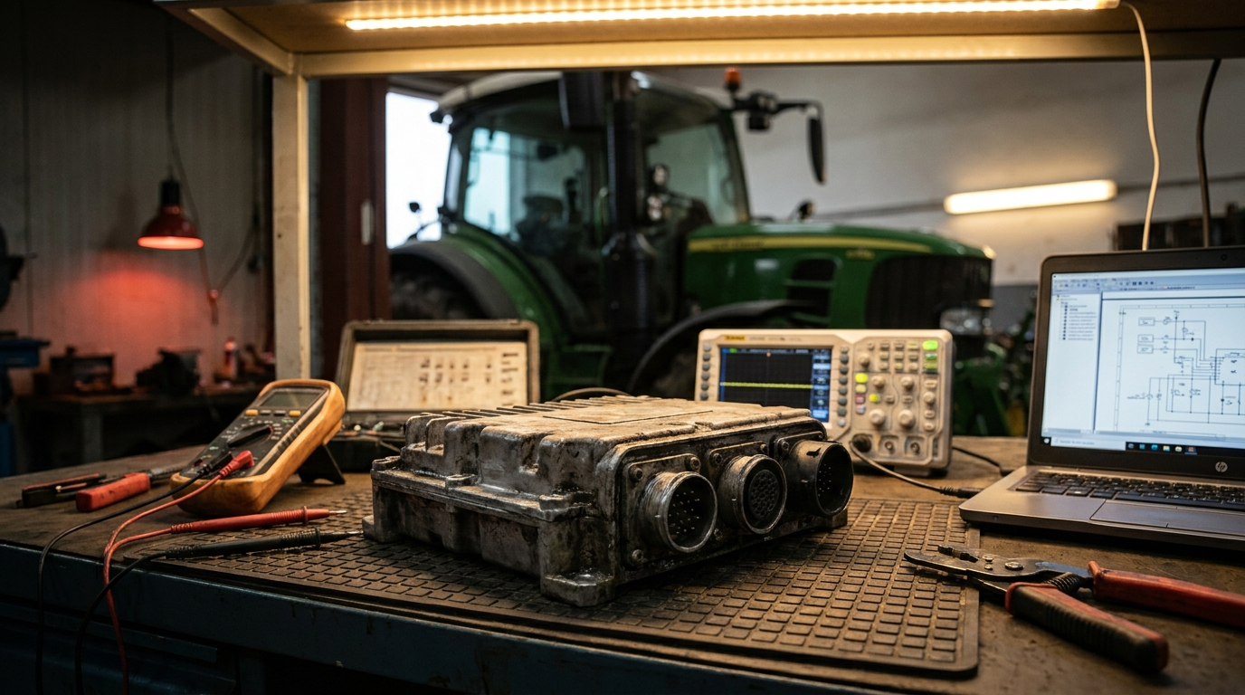 Naprawa sterownika John Deere - moduł ECU na stole warsztatowym
